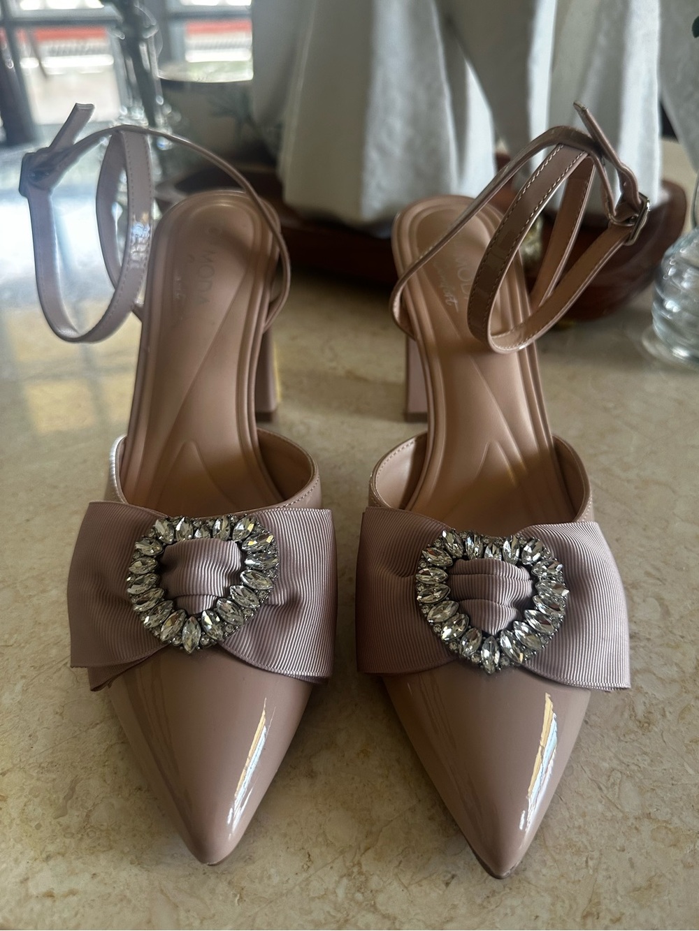 TOP Moda Blush Patent Pointed-Toe Slingback Heels with Jeweled Bow